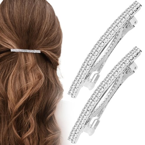 HINZIC 2PCS Silver Rhinestone Hair Clips Sparkly Crystal Hair Barrettes Bling Metal Wedding Prom Ponytail Holder French Hair Accessories for Women Bride