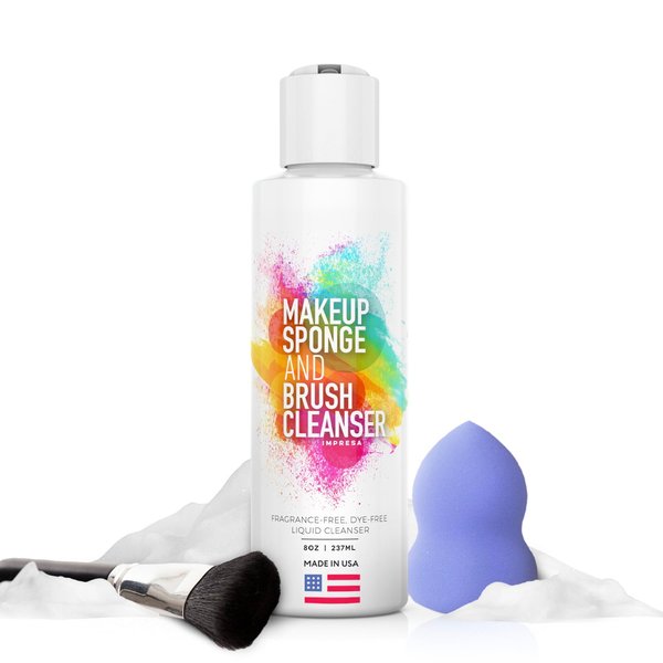 Impresa Makeup Sponge Cleaner - 8 oz - Removes Tough Stains, Residue, and Build-up - Compatible with Foam Makeup Sponges and Beauty Blenders - Fragrance-Free and Dye-Free - Makeup Cleaner Solution