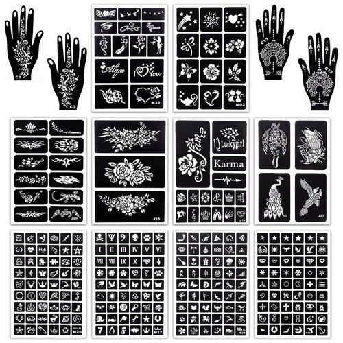 MCPINKY 283PCS Henna Tattoo Stencil Kit, 12 Sheets Temporary Glitter Semi Permanent Tattoo for Women and Girls Arabian Realistic Tattoo Stickers Airbrush Face Paint Body Art