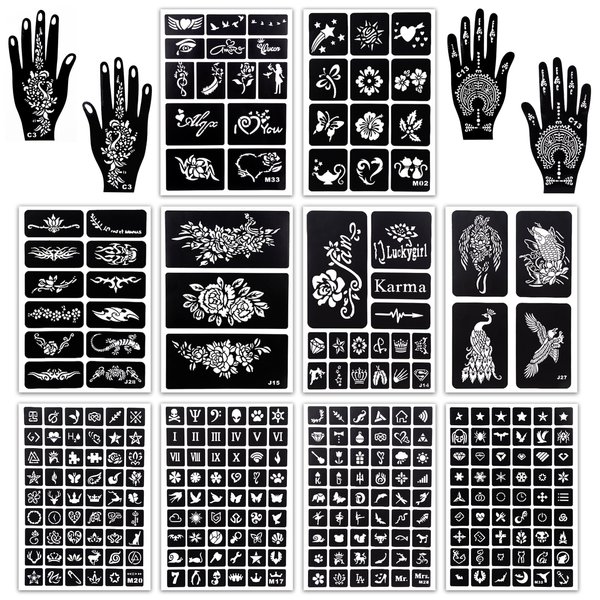 MCPINKY 283PCS Henna Tattoo Stencil Kit, 12 Sheets Temporary Glitter Semi Permanent Tattoo for Women and Girls Arabian Realistic Tattoo Stickers Airbrush Face Paint Body Art