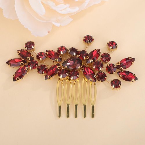 Teyglen Rhinestone Bride Wedding Hair Comb Red Crystal Bridal Hair Side Comb Hair Accessories Headpiece Wedding Hair Piece for Women (Wine red)