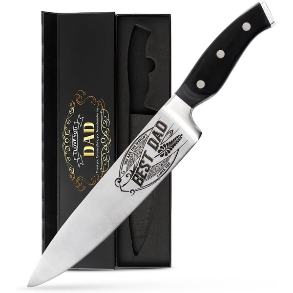 Birthday Gift BEST DAD - Premium Chef Knife Gift - 8 in. Stainless Carbon Steel Kitchen Knive w/Pakka Wood Handle - Father's Day, Christmas, Housewarming, Anniversary, Holiday Gifts by CutLinx