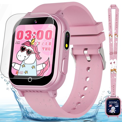 Kids Smart Watch Gift for Girls Ages 3-12, IP67 Waterproof, 32 Puzzle Games, HD Touchscreen Dual Camera Vedio Pedometer Music Player, Kids Watch Toy Birthday Gifts for Girls Ages 5 6 7 8 9 10 (Pink)