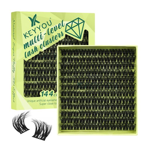 Lash Clusters 3D Effect Eyelash Clusters KEYYOU 144pcs D Curl 18mm Wispy Lashes Fluffy Cluster Lashes Natural Soft DIY Lash Extension(Radiance-D-18)