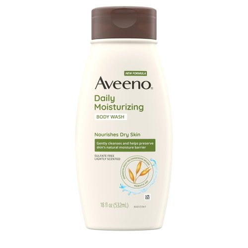 Aveeno Daily Moisturizing Body Wash for Dry & Sensitive Skin with Prebiotic Oat, Hydrating Oat Body Wash Nourishes Dry Skin & Gently Cleanses, Light Fragrance, Sulfate-Free, 18 fl. oz