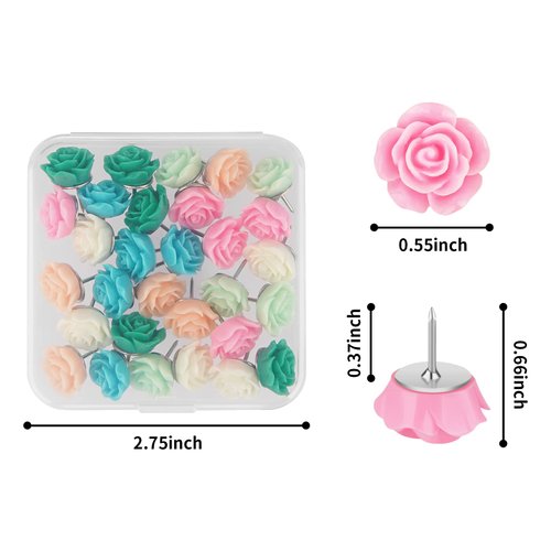 Push Pins for Cork Board - Cuttte 30pcs Decorative Push Pins with Case, Cute Thumb Tacks and Push Pins for Bulletin Board, 6 Colors Flower Pushpins