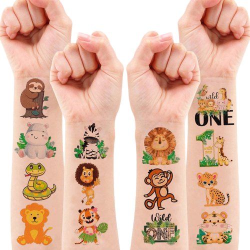 100 PCS Wildlife Wild One Jungle Animal Temporary Tattoos Sticker Wild One 1st First Birthday Decorations Party Supplies Favors Gifts Boys Girls Safari Zoo Cute Fake Tattoo School Reward Themed