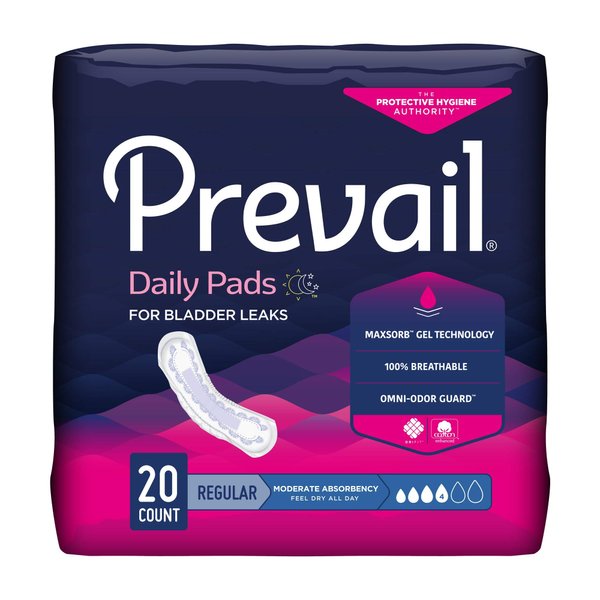 Prevail Daily Pads Bladder Control Pad 9-1/4 Inch Length Moderate Absorbency Polymer One Size Fits Most Female Disposable, BC-012 - Pack of 20