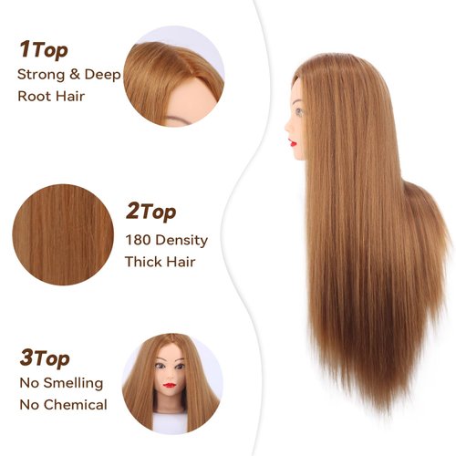Mannequin Head Human Hair, 80% Real Hair 26-28" Cosmetology Mannequin Head Hair Styling Hairdressing Practice Training Doll Heads with Clamp Holder and Tools (#27 Light Brown)