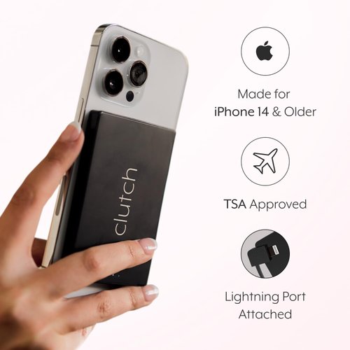Clutch - Pro Portable Charger - Compatible with iPhone 14 or Older & Small Devices - Power Bank - Magnetic Battery - TSA Approved Travel Charger - USB Rechargeable - Built-in Cable - 3.7oz - Black