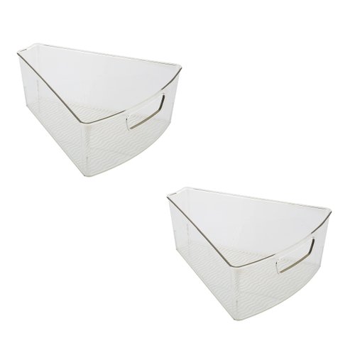 Kitchen Details 2 Pack Lazy Susan Bin | Triangular Pantry Organizer | Corner Cabinet | Handle | Spice Jars | Cans | Clear