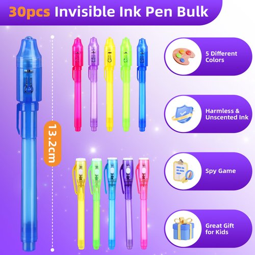 30PCS Invisible Ink Pen, Spy Invisible Ink Pen With UV Light, for Kids Halloween Party Favor, Christmas Gift Funny Pens for Children Classroom Prizes Birthday Party