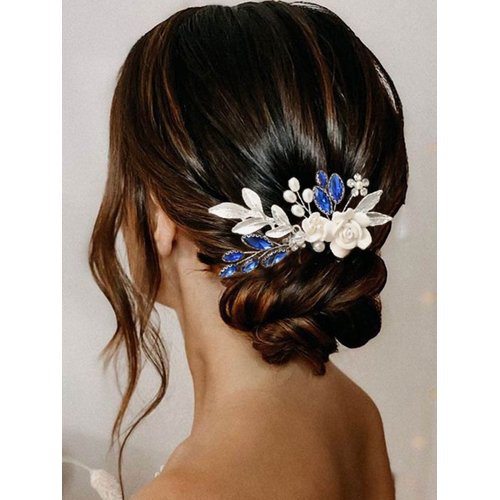 Unsutuo Wedding Hair Comb Flower Silver Bridal Hair Accessories Blue Crystal Leaf Hair Piece for Women and Girls