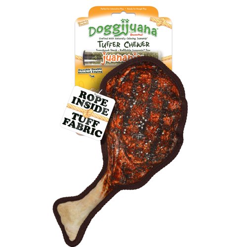 Doggijuana | Tuffer Chewer - Interactive Dog Toy with Juananip Refill | Refillable Durable Dog Toy for Engaging Play and Natural Calming (Tomahawk Steak Toy)