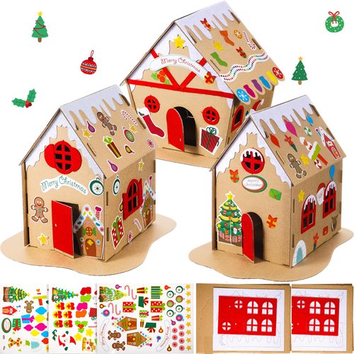 3 Sets Christmas Gingerbread House Kit Kids Christmas Craft Kit Cardboard Gingerbread House Decor Christmas Craft House Make a Gingerbread House Holiday Crafts for Christmas Party DIY Craft Supplies