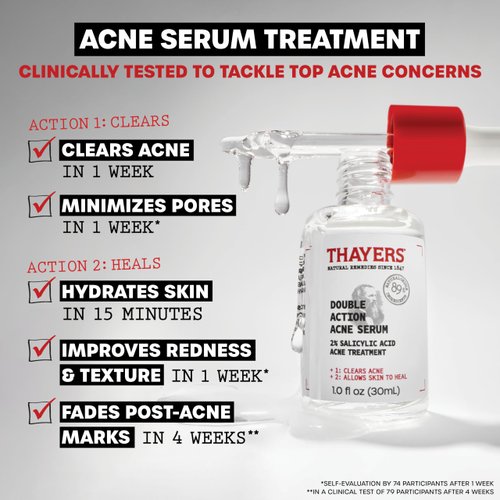 Thayers Double Action Acne Serum with Salicylic Acid, Acne Treatment Face Serum with 2% Salicylic Acid and Niacinamide, Soothing and Non-Stripping Skin Care, 1 Fl Oz