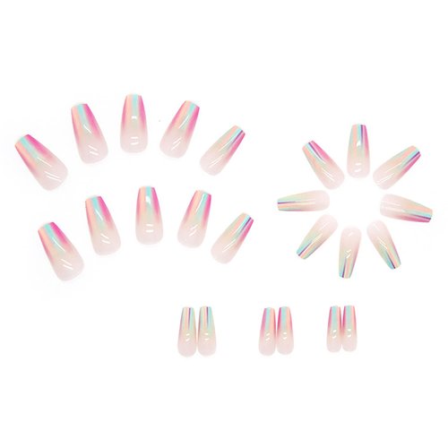 Medium Rainbow Color Press On Nails Square, Coffin Shape Full Cover Reusable False Nails with Glue Stick On Nails with Glossy Designs, Artificial Fingernails Acrylic Fake Nails for Women Glue On Nails