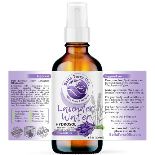 Bella Terra Oils - Lavender Toner for Face 4oz - Enriched with Vitamin C & D, Omega-6 Fatty Acids, Exquisite Hydrosol Blend for Skin Wellness