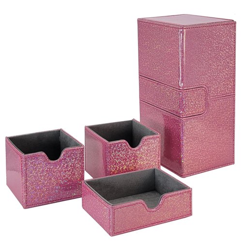 Dmoicols Card Deck Box for 200+ Sleeved Cards, Laser Leather Trading Card Storage Case with 1 Dice Tray & 2 Card Trays Commander Deck Box fit YuGiOh/TCG/MTG/Magic/CCG(3 Drawers Sparkly Rose Red)