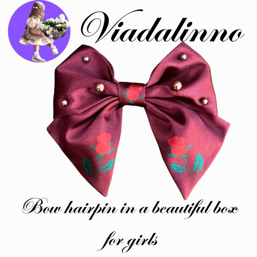 VIADALINNO Hair Clip Bow in a Box Pearls Roses for Women and Girls Silky Cute Coquette Teen Babygirl Little Barrette Hairbows Belle Cinderella Child Giftable Accessories Outfit (1, Reddish Brown)