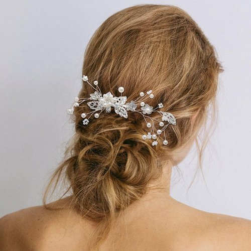 MA STRAP Bridal Wedding Hair Comb Crystal Rhinestones Pearls Women Hair Side Combs Bridal Head Pin Headpiece (Style 2) (Silver)