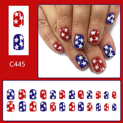 4th of July Press on Nails Short Square Fake Nails Tricolor Full Cover America Flag False Nails with White Star Designs Glossy Glue on Nails Petite Acrylic Manicure Artificial Nails for Women Girls