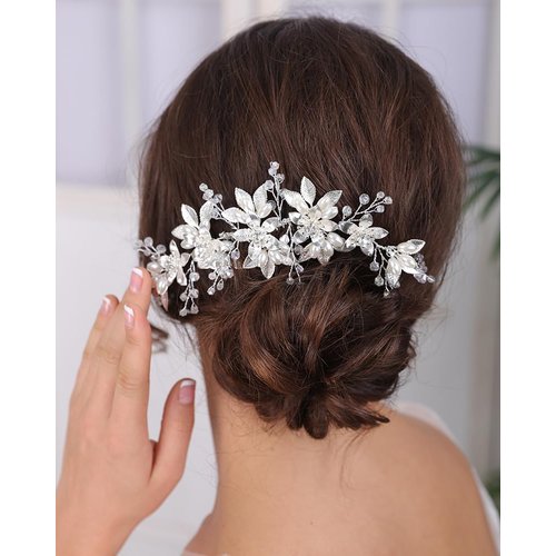 Rumtock Silver Flower with Crystal Hair Comb Long Side Headpiece for Wedding Brides Bridesmaid Women Girls Banquet Prom Handmade Jewelry