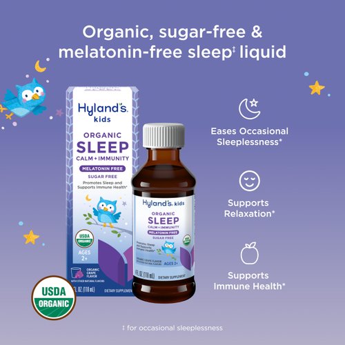 Hyland's Kids Melatonin-Free Organic Sleep Calm & Immunity Liquid, Sugar-Free with Magnesium, Vitamin D, Zinc & Elderberry, Promotes Sleep & Supports Immune Health, Ages 2+, Grape Flavor, 4 Fl. Oz.