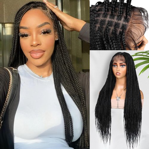 Lady Hanne Braided Full Lace Wigs for Black Women Knotless Box Braid Wig with Baby Hair 32 Inches Square Braided Lace Synthetic Black Hair