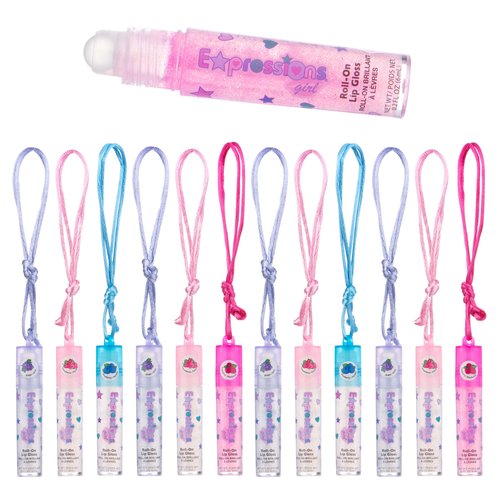 Expressions 12pc Lip Gloss Necklace, Fruit Flavored Lip Gloss Set, Lip Gloss Value Pack, Teen Girls Party Favors, Non Toxic Lip Gloss Necklaces For Girls