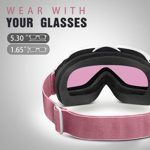 OutdoorMaster OTG Ski Goggles - Over Glasses Ski/Snowboard Goggles for Men, Women & Youth - 100% UV Protection (White Frame + VLT 46% Pink Lens)