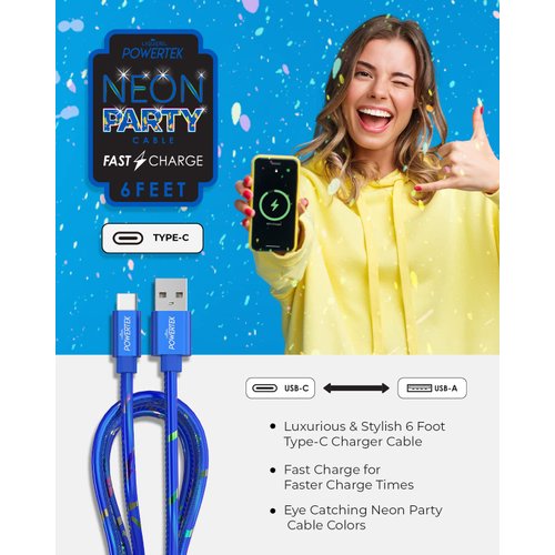 LIQUIPEL Powertek Type-C Fast Charger Cable, 6ft USB-C for Galaxy, Note, Tab, MacBook, Neon Party (Blue)