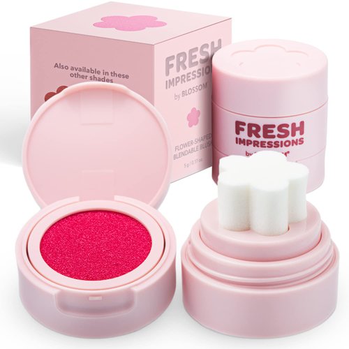 Blossom Fresh Impressions Hyper Pigmented Buildable Blendable Cushion Cream Blush Face Tint Cheek Stamp with Velvet Matte Finish & Flower Shaped Applicator, 0.17oz/5g, Peony Punch