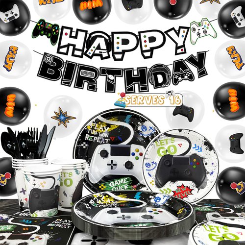 Video Game Party Decorations for Boys,140pcs Gamer Birthday Decorations&Video Game Party Tableware Set-Watercolor Video Game Party Plates Napkins Tablecloth Balloons Banner etc Gaming Party Supplies
