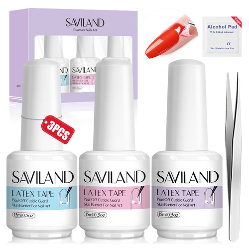 SAVILAND 3PCS Liquid Latex for Nails Set – 45ml Latex Nail Polish Barrier Peel Off Cuticle Guard Skin Barrier Protector Latex Tape Peel Off for Nails with Tweezer Cleaning Pads for Salon