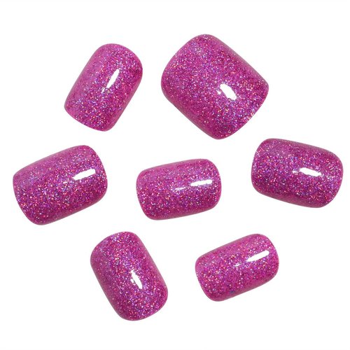 Pink Glitter Press On Nails Short Square Fake Nails Gel Finish Bling Acrylic Nails Kits Glossy Stick Glue on Nails Reusable Solid False Nails for Women Girl Nails Art Decoration 24Pcs
