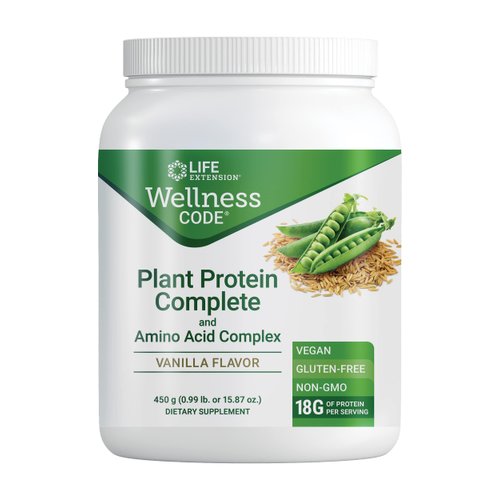Life Extension Wellness Code Organic Plant Protein Complete & Amino Acid Complex - Vanilla Plant Based Pea Vegan Protein Powder Fitness Supplements- Gluten-Free, Non-GMO - 450 grams (30 Servings)