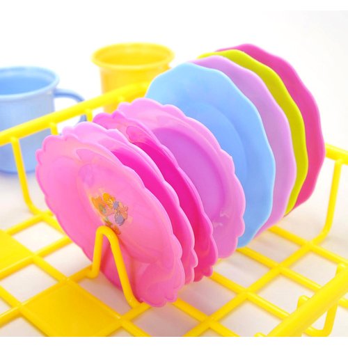 PowerTRC Kids Pretend Play Dishes Playset, Durable Kitchen Toys and Tea Set for Children, Wash and Dry Tea Playset with Dish Rack and Accessories (27 Pieces)