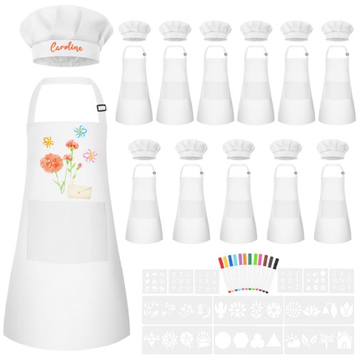 BOUBONI 6 Sets Kids Apron and Chef Hat Set Adjustable Toddler Apron with Colored Pen Template for Baking Painting Crafts