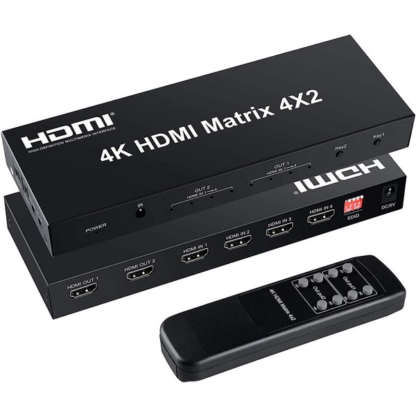 FERRISA 4x2 HDMI Matrix Switch,4 in 2 Out Matrix HDMI Video Switcher Splitter +Optical & L/R Audio Output,Support Ultra HD 4K,3D 1080P,Audio EDID Extractor with IR Remote Control