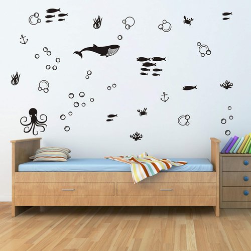 Undersea Wall Decals Set, Vinyl Wall Decals, Bubble Decals, Modern Kids Room Decor, Nautical Wall Decal, Fish Wall Decals for Bathroom(A36) (Black)