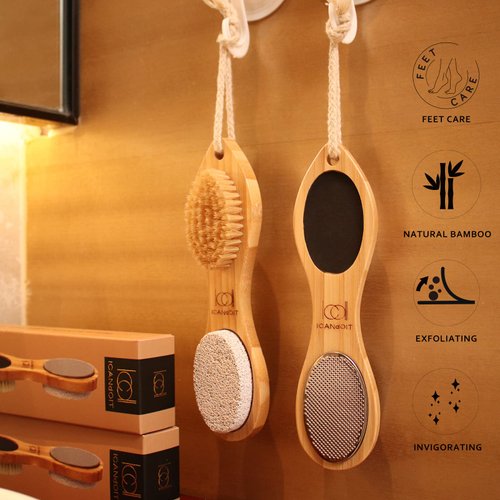 ICDI ICANdOIT Natural Bamboo Foot File Callus Remover-Multi Purpose 4 in 1 Feet Pedicure Kit with Foot Care Boar Bristle Brush,Pumice Stone,Foot Rasp,Sand Paper