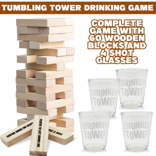 ArtCreativity Tumbling Tower Drinking Game, Drinking Game with 4 Glasses and 60 Wooden Blocks with Challenges, Fun House Party Games for Game Night, Great Gift Idea