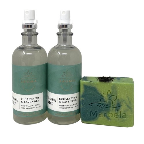Bath & Body Works Aroma Breathe Deep Eucalyptus & Lavender Essential Oil Mist 2 Pack with a Fresh Forest Bar Soap.