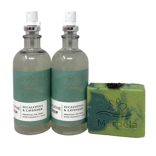 Bath & Body Works Aroma Breathe Deep Eucalyptus & Lavender Essential Oil Mist 2 Pack with a Fresh Forest Bar Soap.