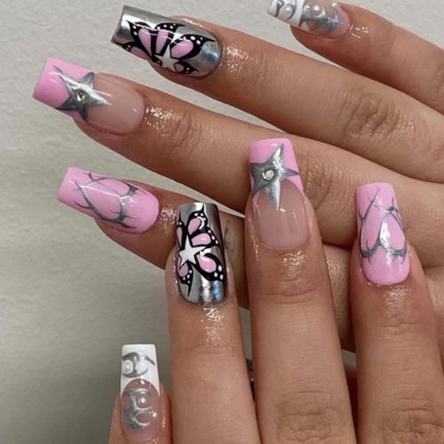 Hkanlre Medium Square Pearl Press on Nails French Fake Nails Pink Tips Full Cover Heart False Nails for Women and Girls 24PCS
