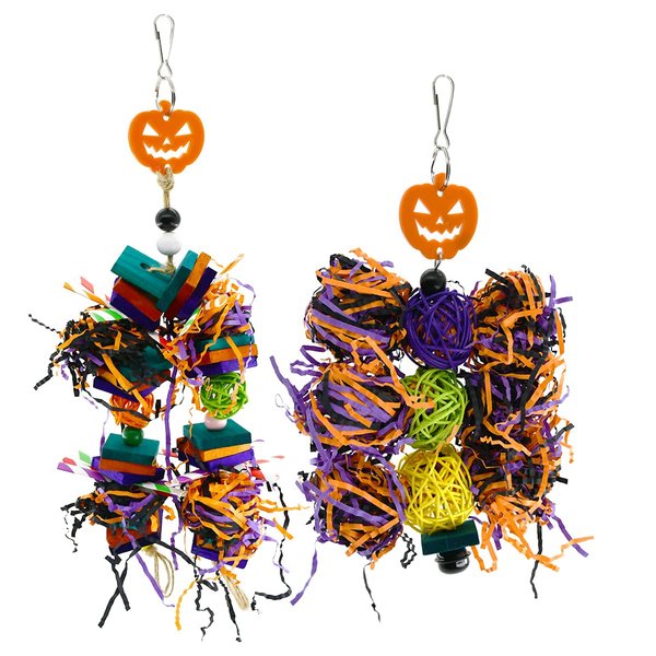 Vehomy 2Pcs Halloween Bird Chewing Toys Bird Shredder Toy Parrot Wood Block Foraging Toy Bird Cage Hanging Toys with Pumpkin Decor for Parakeets Cockatiels Conure African Grey Amazon