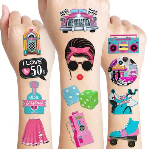 85 PCS 50s Temporary Tattoos Sticker 50s Birthday Party Decorations Favors Supplies Gifts Boys Girls Men Women, Sock Hop, Rock and Roll, 1950s, Vintage, Retro Cute Tattoo School Prizes Themed