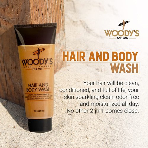 Woody's 2-in-1 Hair Shampoo & Body Wash for Men, All-Purpose Grooming Wash, Refresh & Revitalize, 10 Fl Oz