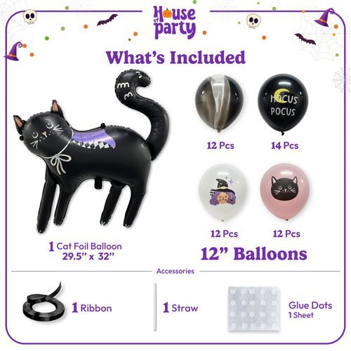 HOUSE OF PARTY Halloween 30Inch Cat Foil Balloons-50PCS Black Pink White Witch Cat Latex Balloons for Halloween Party Decorations, Halloween Party Balloons for Birthdays School Classroom Games
